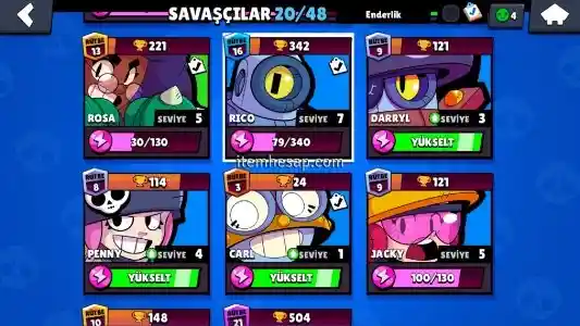 Brawl stars 4k kupalı hesap 20 karakter