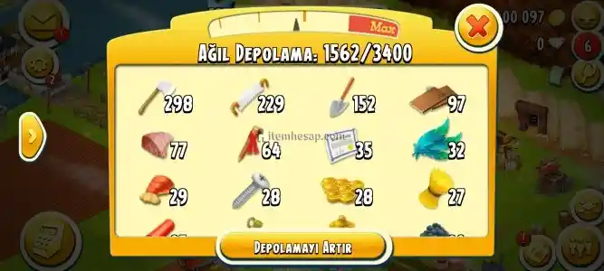 Hayday 115 lvl 3400 ağıl 3500 ambar 500 tl