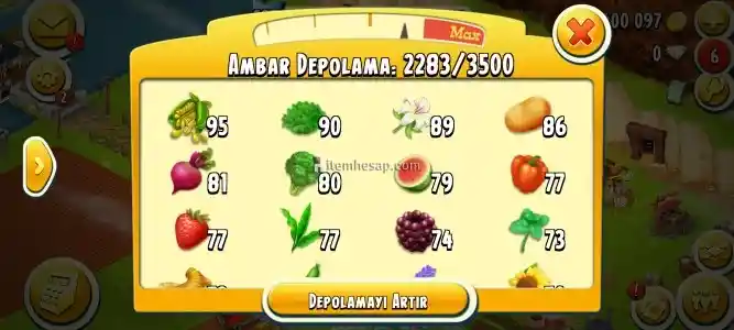 Hayday 115 lvl 3400 ağıl 3500 ambar 500 tl