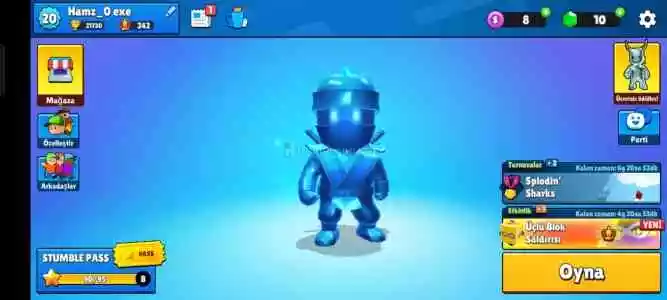 Stumble Guys 240 Taç+Mavi Özel+1Pass+Yumruk+Yildirim Yuruyuş Kaçirma..