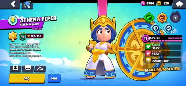 Brawl Stars 39K Bol Kostümlü Hesap(Athena Piper Bayraktar Piper Kelebek Piper Mega Böcek Bea Korsan Bibi...)