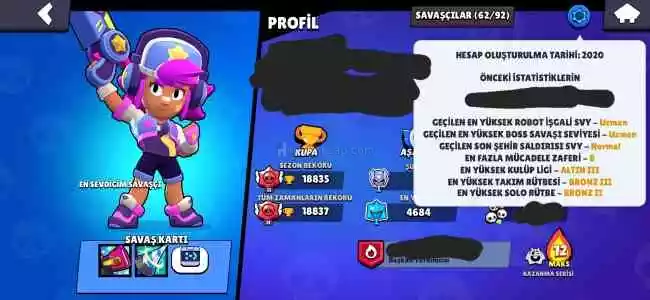 Brawl stars 18K 2020 Hesap yıldız shelly orjinal