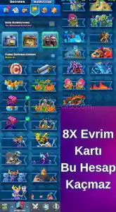 Clash Royale Tokmak Emoji - 117 Kart - 8 Evrim 7151 Kupa Hesap + BS Hediye