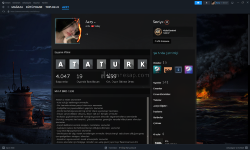 21 Seviye 141 Oyunlu Satılık Steam Hesabı