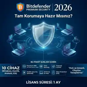 Bitdefender Premium Security 2026 + Bitdefender Vpn 1 Ay 10 Cihaz Kişisel Hesap
