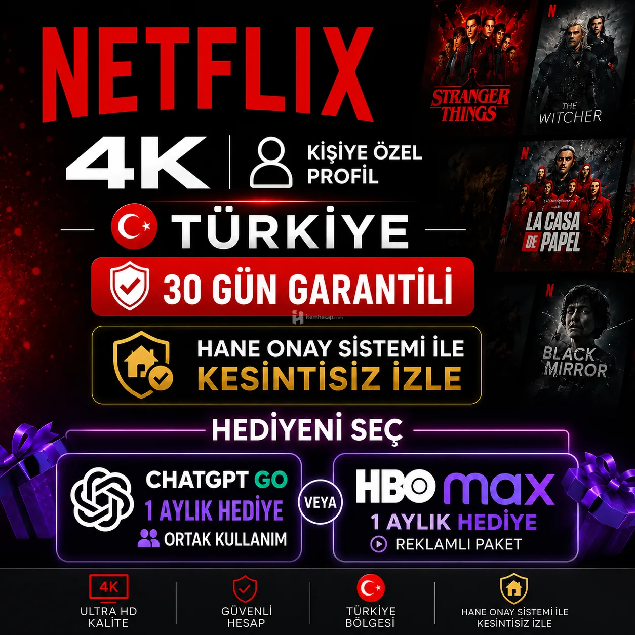 Netflix 4K Uhd Kişiye Özel (Profil) Oto Teslimat (Anlık Hane Onayı TV, PC, Tel vb) Hediyeni Seç