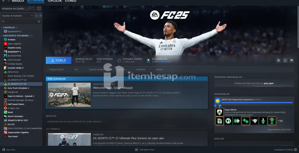 Steam Hesabı Satılıktır İçinde FC24 FC 25 Battlefield 6 IT Takes Two 260 Dolardan Fazla Eden Ürünler Vardir